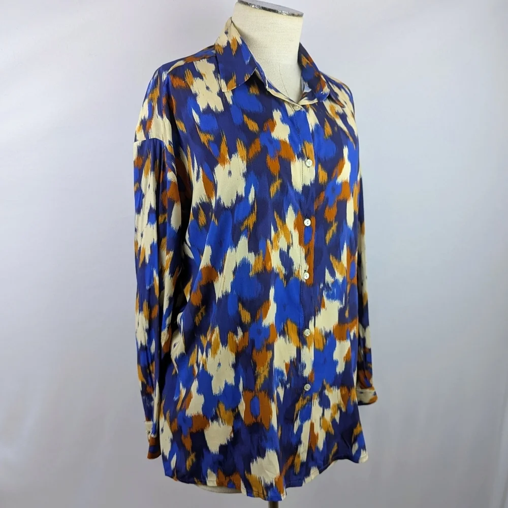 ANNA KAY Button Front Blouse Top Long Sleeve Spread Collar Abstract Print Blue L - Picture 4 of 11
